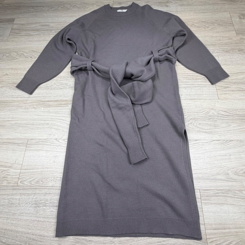 Tibi Grey Wool Blend Tie Waist Midi Sweater Dress W123AF6475 Womens Medium